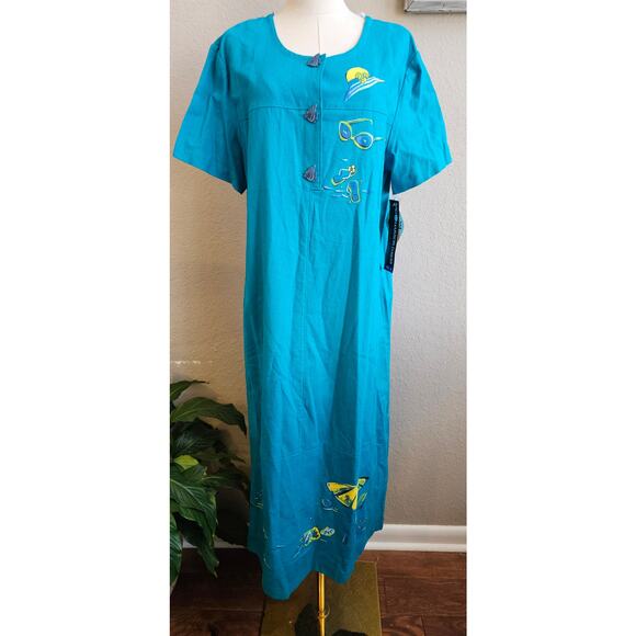 NWT Sag Harbor Women's‎ Fish Button Linen Beach Summer Dress Size 16 Teal Blue - Picture 1 of 7